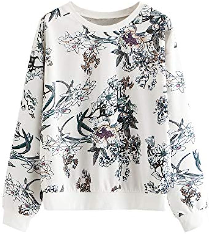 Romwe Women&#039;s Casual Floral Print Long Sleeve Lightweight Sweatshirt Pullover