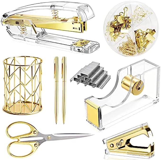 Famassi Gold Desk Accessories，Office Supplies Set Acrylic Stapler Set Staple Remover, Tape Holder, Pen Holder, 2 Ballpoint Pen, Scissor, Binder Clips, Paper Clips and 1000pcs Staples.