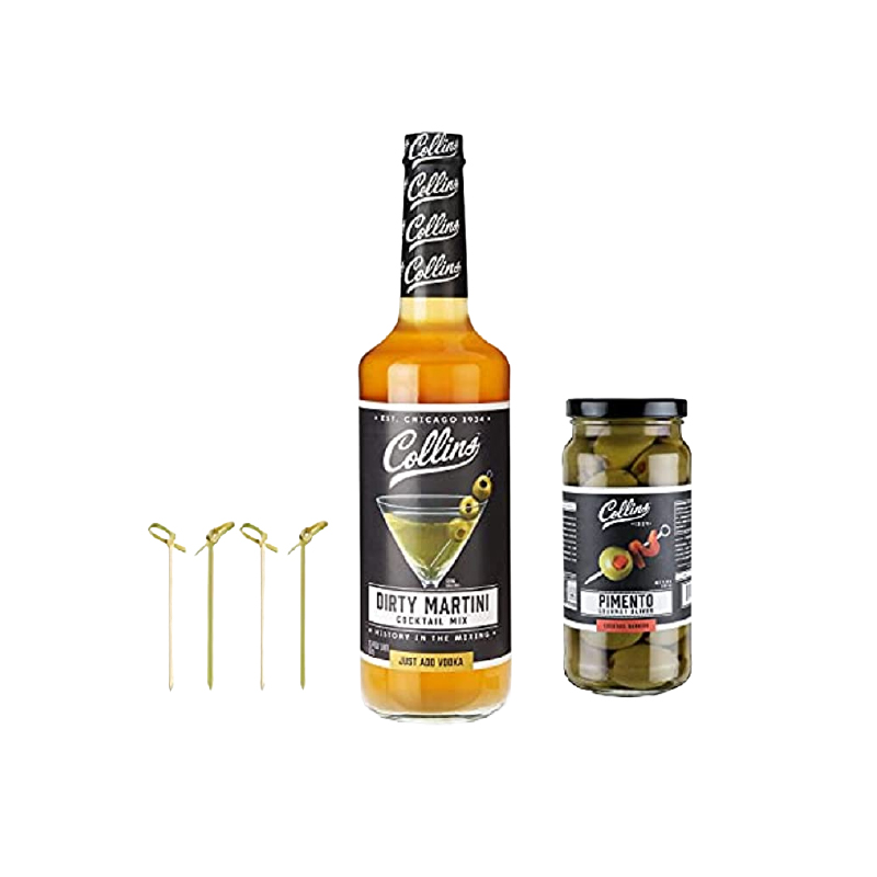 Collins Dirty Martini Kit, Gin Cocktail Mix, Stuffed Gourmet Olives, Drink Picks, Olive Brine Mixer, Set of 3 Bar Accessories for Making Drinks